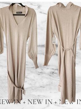 Beige V‑Neck Long Sleeve Knit Dress with Self Tie Belt